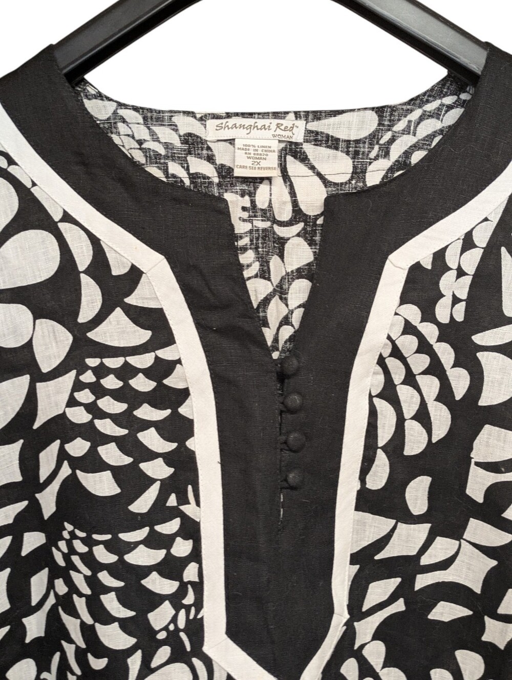 Shanghai Red Woman 100% Linen Black and White Tunic Top Size 2X - Picture 3 of 8